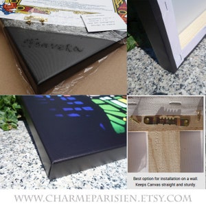 May include: A close-up of a canvas print with a colorful butterfly design. The canvas is stretched over a wooden frame and has a hanging system on the back. The text "Best option for installation on a wall. Keeps Canvas straight and sturdy." is visible at the bottom of the image.