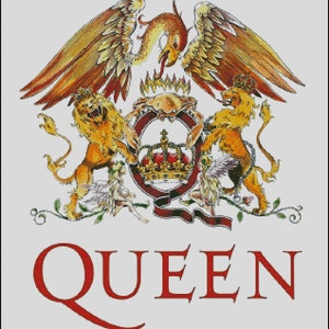 Puede incluir: El logotipo de la banda Queen presenta un escudo rojo, blanco y dorado con un fénix, un león y una corona. La palabra "QUEEN" está escrita en rojo debajo del escudo.