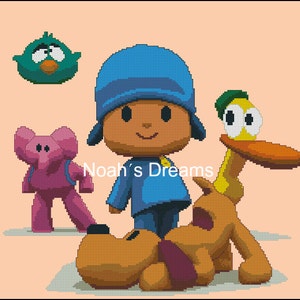 Puede incluir: Un diseño de punto de cruz con personajes de la serie animada Pocoyo. La imagen incluye a Pocoyo en azul, un elefante rosa, un pájaro turquesa, un perro marrón y un pato amarillo. El texto "Noah's Dreams" es visible.