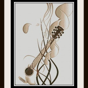 Puede incluir: Patrón de punto de cruz abstracto con una guitarra marrón con líneas en espiral sobre un fondo blanco.