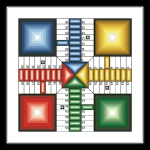 May include: A traditional game board with a colorful design. The board is divided into four quadrants, each with a different color: blue, yellow, red, and green. The numbers 1 through 60 are printed on the board, and there are also several squares with special rules.