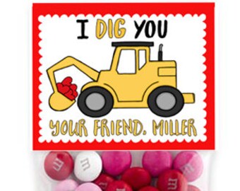 Dump Truck Valentine's Day Topper - Dump Trucks Valentine Printable - Construction Digger Valentine I Dig You Bag Topper Custom