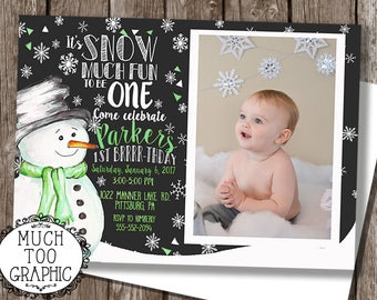 Chalkboard Winter ONE-derland Snow Much Fun to be One 1st Birthday Invitation - Snowman Invitation Winter Onederland Winter First Birthday