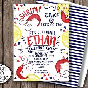 SHRIMP BOIL first birthday - Little Shrimp Birthday Invitation - Watercolor Low Country Boil Invitation CUSTOM Printable Digital Design