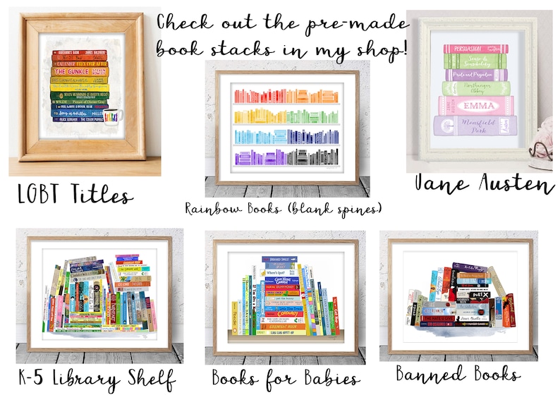 Op de afbeelding: Zes ingelijste aquarel illustraties van stapels boeken. De illustraties zijn getiteld "LGBT Titles", "Rainbow Books (blank spines)", "Jane Austen", "K-5 Library Shelf", "Books for Babies" en "Banned Books".