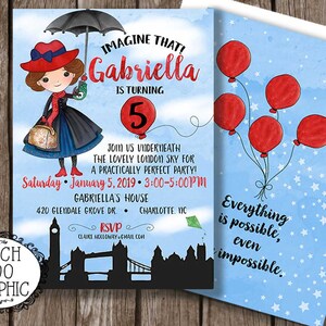 MARY POPPINS Birthday Invitation - London Sky Line Invitation - Watercolor Custom Printable Invitations Red & Blue