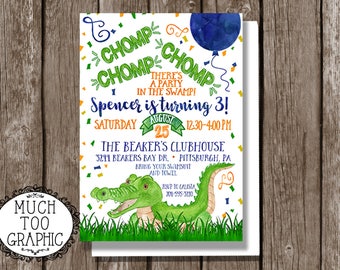 Alligator Birthday Invitation * CHOMP Party in the Swamp Birthday Invitation * Green and Blue * Crocodile Birthday Invitation *