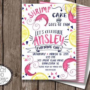 SHRIMP BOIL first birthday - Little Shrimp Invitation Girl's Pink & Navy Watercolor Low Country Boil Invitation CUSTOM Printable Digital