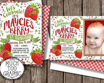 BERRY SWEET Geburtstags-Einladung Beere Erste oder ohne Foto-Einladungen Printable Bunting Printables Rot & Grün