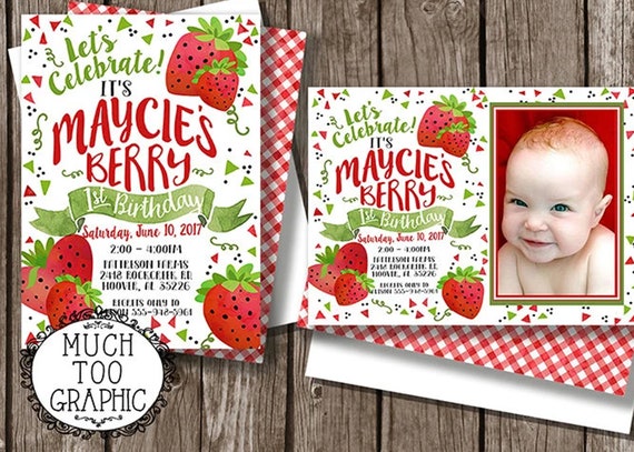BERRY SWEET Strawberry First Birthday Invitation Berry First or w/o Photo Invitations Printable Bunting Printables Red & Green