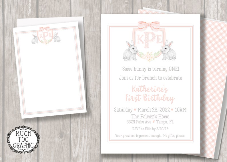 May include: Pink and white first birthday party invitation with a bunny rabbit theme. The invitation features a pink and white gingham pattern, a pink and white monogram with the initials "KPE", and two bunny rabbits. The text on the invitation reads "Some bunny is turning ONE! Join us for brunch to celebrate Katherine's First Birthday. Saturday March 26, 2022 10AM The Palmer's Home 3329 Palm Ave Tampa, FL RSVP to Ellie by 3/20/22 Your presence is present enough. No gifts, please."
