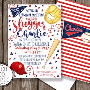 May include: Baseball-themed birthday party invitation with red, white, and blue colors. The invitation features a baseball glove, bat, and pennant with the name "Charlie" and the text "Rookie of the Year 2017".