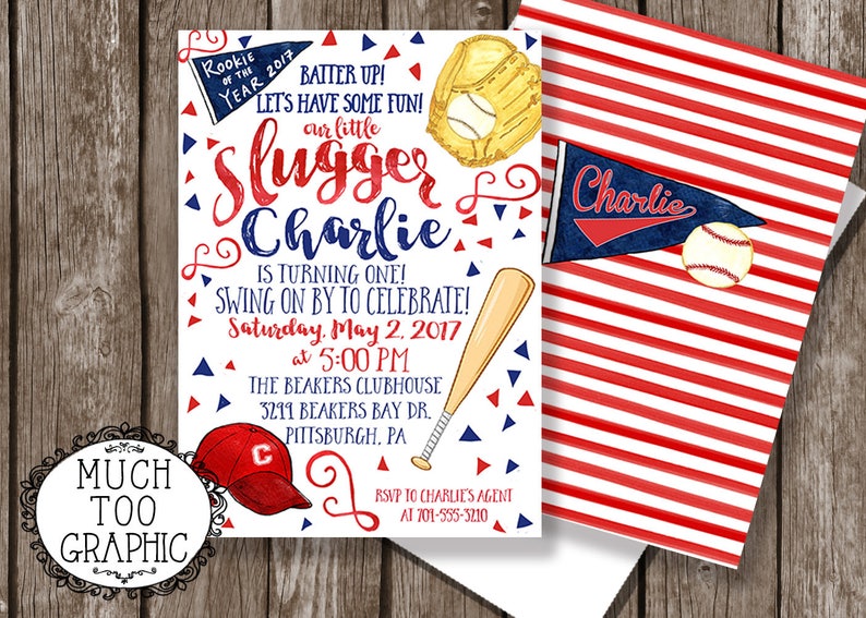 May include: Baseball-themed birthday party invitation with red, white, and blue colors. The invitation features a baseball glove, bat, and pennant with the name "Charlie" and the text "Rookie of the Year 2017".