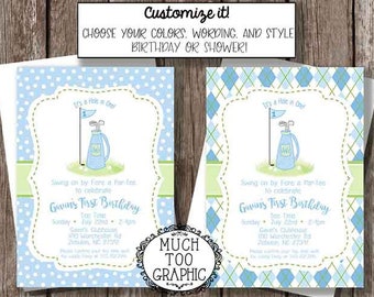 Hole In One Invitation | Monogram Golf Par-Tee TWINS Baby Shower Couples Shower 1st Birthday First Birthday Girl's Girls Pink Green Argyle