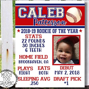 May include: A baseball-themed poster with a photo of a baby boy, the name "Caleb Patterson", and the text "2018-19 Rookie of the Year". The poster also includes stats like "22 pounds", "30 inches", and "6 teeth", as well as information about the baby's baseball career, such as "Plays Right", "Eats Both", "Sleeping Avg .250", and "Draft Pick #1".