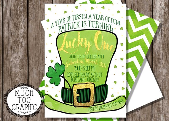 LUCKY ONE is 1st First Green Gold Glitter 2 3 4 St. Patrick's Day Birthday Invitation Boy or Girl Party Invitations Lucky ONE