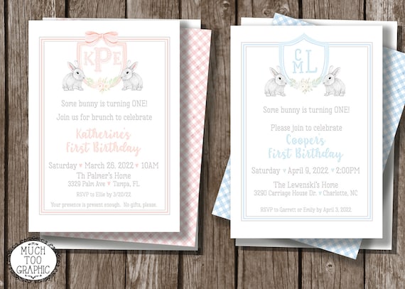 Watercolor Bunnies Invitation | Custom Monogram Crest Some Bunny is One First Birthday Baby Shower Gray & Pink Girl's or Blue Boy's