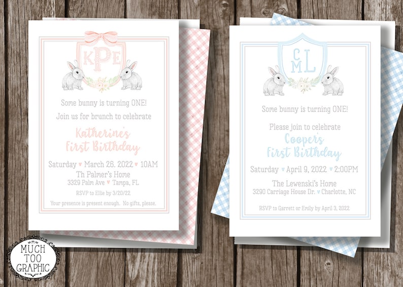 May include: Two pink and blue first birthday party invitations with bunny rabbits and a monogrammed shield. The pink invitation says "Katherine's First Birthday" and the blue invitation says "Cooper's First Birthday".