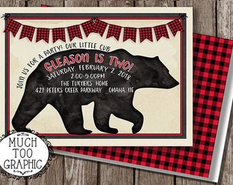Flannel Up Lumberjack Little Bear Cub Invitation Buffalo Plaid Boy's Boys First Birthday Party Invitation Invitations  1st 2nd 3rd