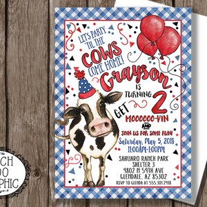 Cow Birthday Invitation Cows Invitation Red Blue Pink Gingham Party Invitations WATERCOLOR Custom 1st 2nd 3rd 4th Printable DIY image 2