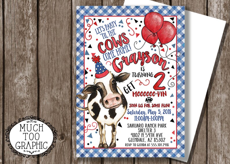 Cow Birthday Invitation Cows Invitation Red Blue Pink Gingham Party Invitations WATERCOLOR Custom 1st 2nd 3rd 4th Printable DIY image 2