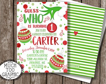 Merry Birthday - Christmas Birthday Invitation - Whimsical Red & Green Favor Tag Digital File - Who-liday Party Green Monster