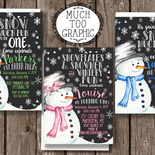 Chalkboard Winter ONE-derland Snow Much Fun to be One 1st Birthday Invitation - Snowman Invitation Winter Onederland Winter First Birthday