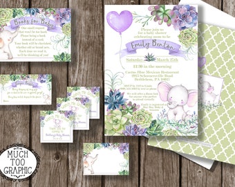 Succulents & Baby Elephants Baby Shower or Gender Reveal Invitation - Watercolor Purple and green Invitations - Digital Text Print