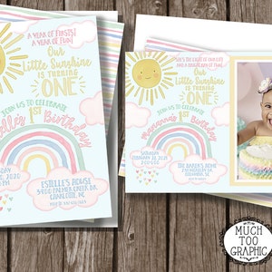 You are My Sunshine Pastel Rainbow 1st Birthday Invitation - Pastel Girl&#39;s Birthday Invite - Pink Yellow Blue Sherbet - Summer Party