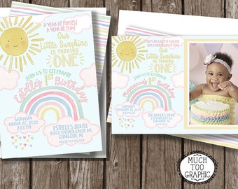 You are My Sunshine Pastel Rainbow 1st Birthday Invitation - Pastel Girl's Birthday Invite - Pink Yellow Blue Sherbet - Summer Party