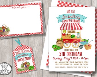 Farmer's Market Birthday invitation - Red Gingham & Watercolor, Locally Fresh Organically Grown Favor Tag and Thank You Note Printables