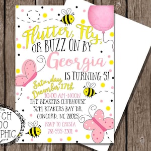 Bees & Butterflies TWINS Birthday Bugs Party Invitation Invitations Pink Yellow Butterfly Photo Buzz on by Insects Girl&#39;s 1st 2nd 3rd 4th