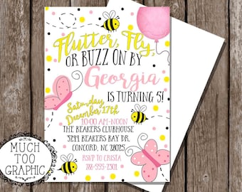 Bees & Butterflies TWINS Birthday Bugs Party Invitation Invitations Pink Yellow Butterfly Photo Buzz on by Insects Girl's 1st 2nd 3rd 4th