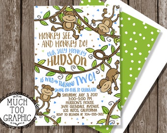 Our Little Monkey is TWO 2nd Birthday First Watercolor Invitation Invitations Personalized Custom Digital DIY Printable 2nd 3rd 4th