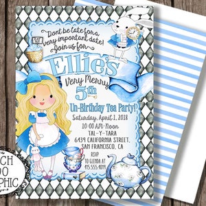 ALICE in WONDERLAND Birthday Invitation - Alice in One-Derland Invitation - Watercolor Custom Printable Invitations Blue & Black DIY