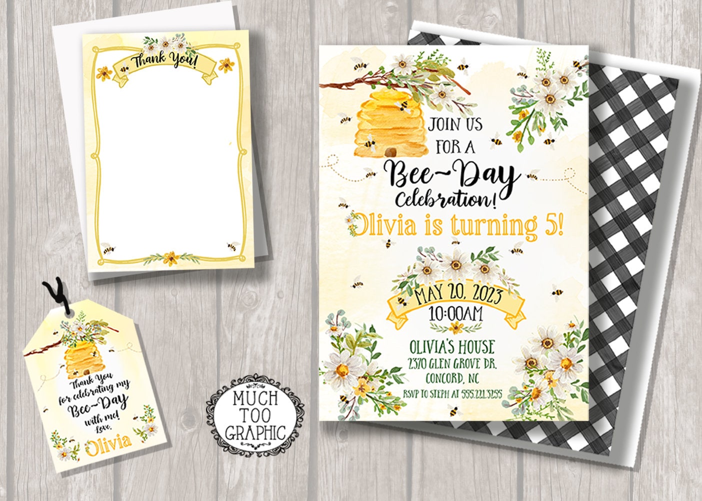 Happy BeeDay Birthday invitation Watercolor Daisies Bees Invite Summer Black Gingham and Honeycomb Party Printables Custom