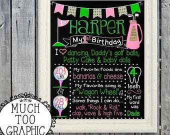 HOLE in ONE Chalkboard Sign - Girl's Girls Golf First Birthday CHALKBOARD - 1st Birhday Chalkboard Pink & Green Argyle Custom Printable