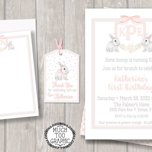 May include: A pink and white first birthday invitation with a bunny rabbit theme. The invitation features a pink and white monogram with the initials "KPE" and two bunny rabbits. The text on the invitation reads "Some bunny is turning ONE! Join us for brunch to celebrate Katherine's First Birthday. Saturday March 26, 2022 10AM The Palmer's Home 3329 Palm Ave Tampa, FL. RSVP to Ellie by 3/20/22 Your presence is present enough. No gifts, please."