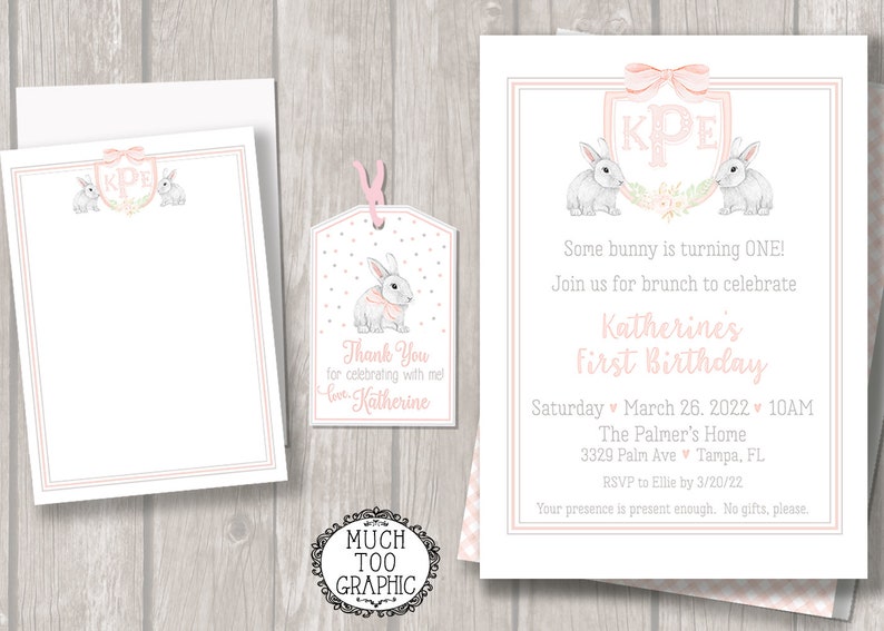 May include: A pink and white first birthday invitation with a bunny rabbit theme. The invitation features a pink and white monogram with the initials "KPE" and two bunny rabbits. The text on the invitation reads "Some bunny is turning ONE! Join us for brunch to celebrate Katherine's First Birthday. Saturday March 26, 2022 10AM The Palmer's Home 3329 Palm Ave Tampa, FL. RSVP to Ellie by 3/20/22 Your presence is present enough. No gifts, please."