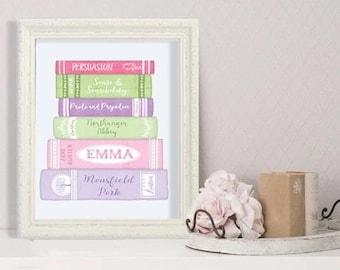 Jane Austen Lover Book Spine Art - JANEITE Watercolor Custom Print - BIBLIOPHILE Book Lover, Librarian, Girl&#39;s Bedroom, English Teacher Gift