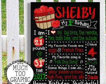 May include: A black chalkboard-style birthday sign for Shelby featuring red apples, a wooden basket, and white, red, and green text. It lists milestones including 21 pounds, 31 inches tall, 4 teeth, favorite foods, songs, and first words.