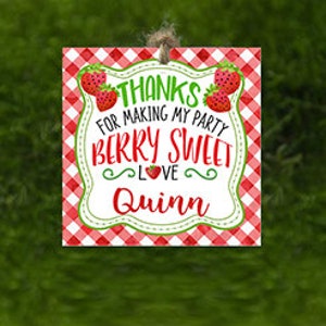 May include: Red and white checkered background with a white frame. Inside the frame is a thank you tag with the text "Thanks for making my party berry sweet love Quinn". There are three red strawberries with green leaves on the tag.