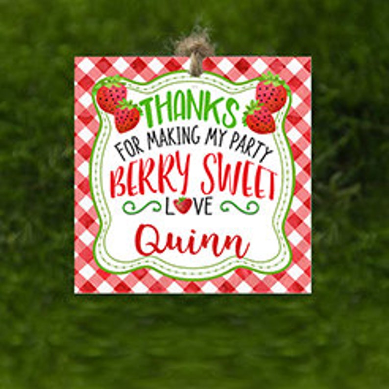 May include: Red and white checkered background with a white frame. Inside the frame is a thank you tag with the text "Thanks for making my party berry sweet love Quinn". There are three red strawberries with green leaves on the tag.