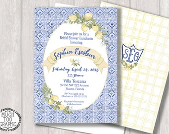 Mediterranean Blue Tiles Lemon Baby Shower Monogram Invitation - Bridal Shower Brunch - Modern Summer Brunch Capri Coast Limoncello