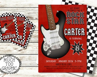Rock Star Birthday Invitation - Rock & Roll Party - Red Black Electric Guitar Invitations -Bar Mitzvah - Tween Teen Birthday Boy or Girl