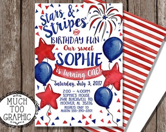 Independence Day Invitation 4th of July Our Little Firecracker First Birthday 1st 2nd 3rd Stars Stripes w or w/o photo TWO