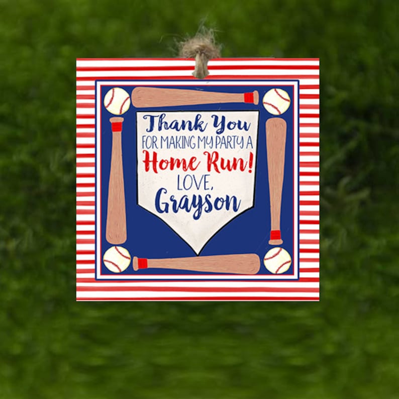 May include: Red, white, and blue baseball-themed thank you sign with the text "Thank You for making my party a Home Run! Love, Grayson".