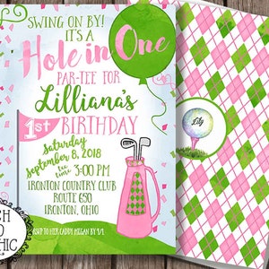 HOLE in ONE Girl&#39;s Golf Invitation First Birthday Golf Birthday Invitation Pink & Green Golf Invitations
