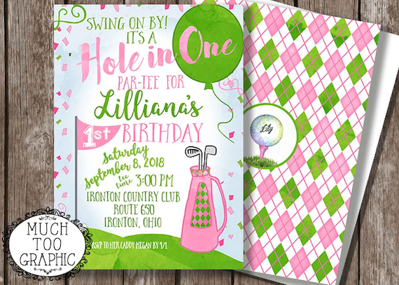 HOLE in ONE Girl's Golf Invitation First Birthday Golf Birthday Invitation Pink & Green Golf Invitations