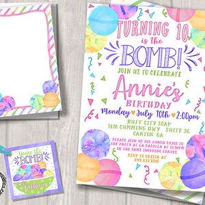 Bath Bombs Birthday Invitation Spa Party Invitations Tween Girl's Soap City Watercolor Pastel Brights Favor Tag & Thank You Note Printables
